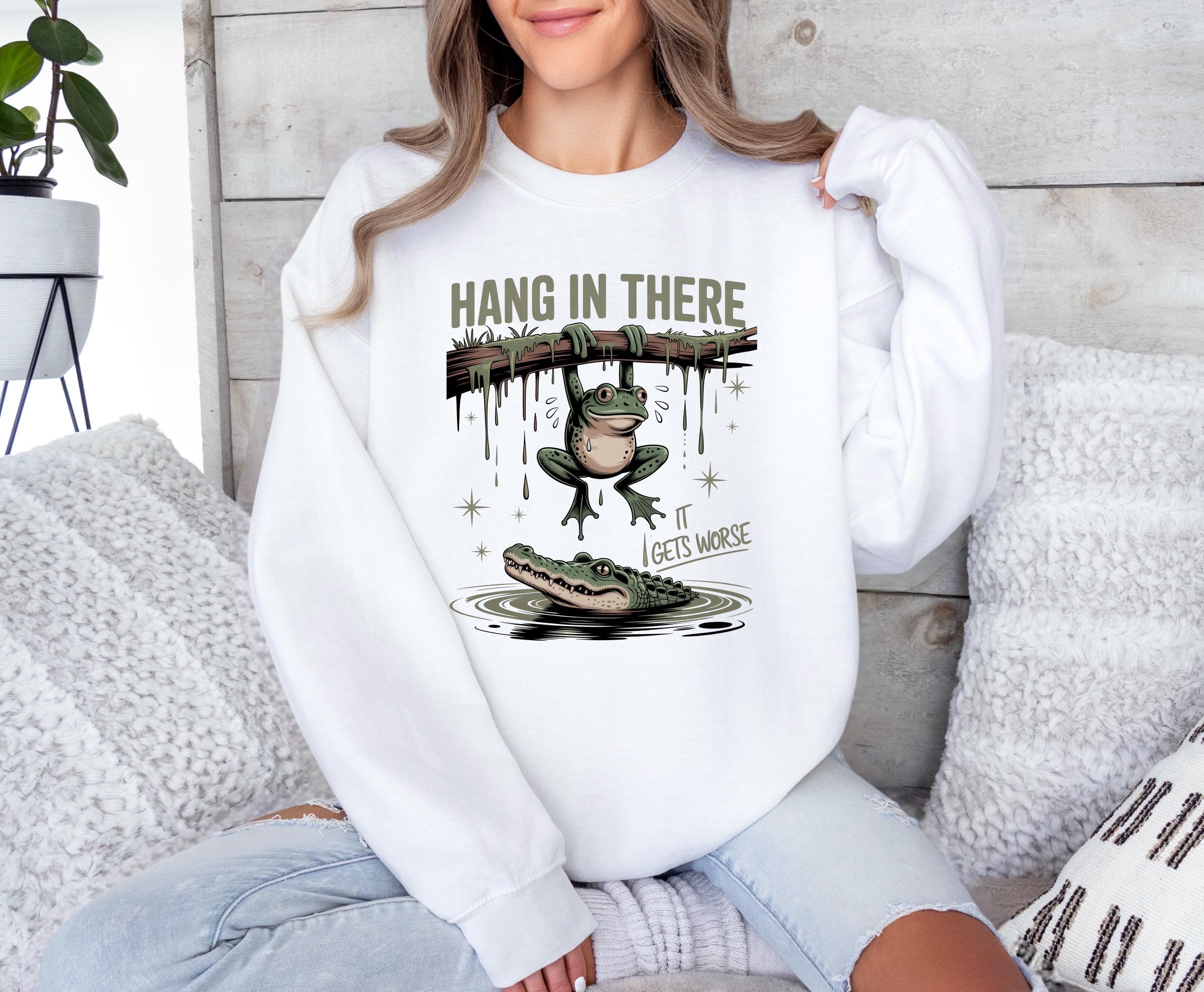 Inspiring Frog Graphic, Hang In There Sweatshirt, Cozy, Soft, Cotton Gilden Sweatshirt