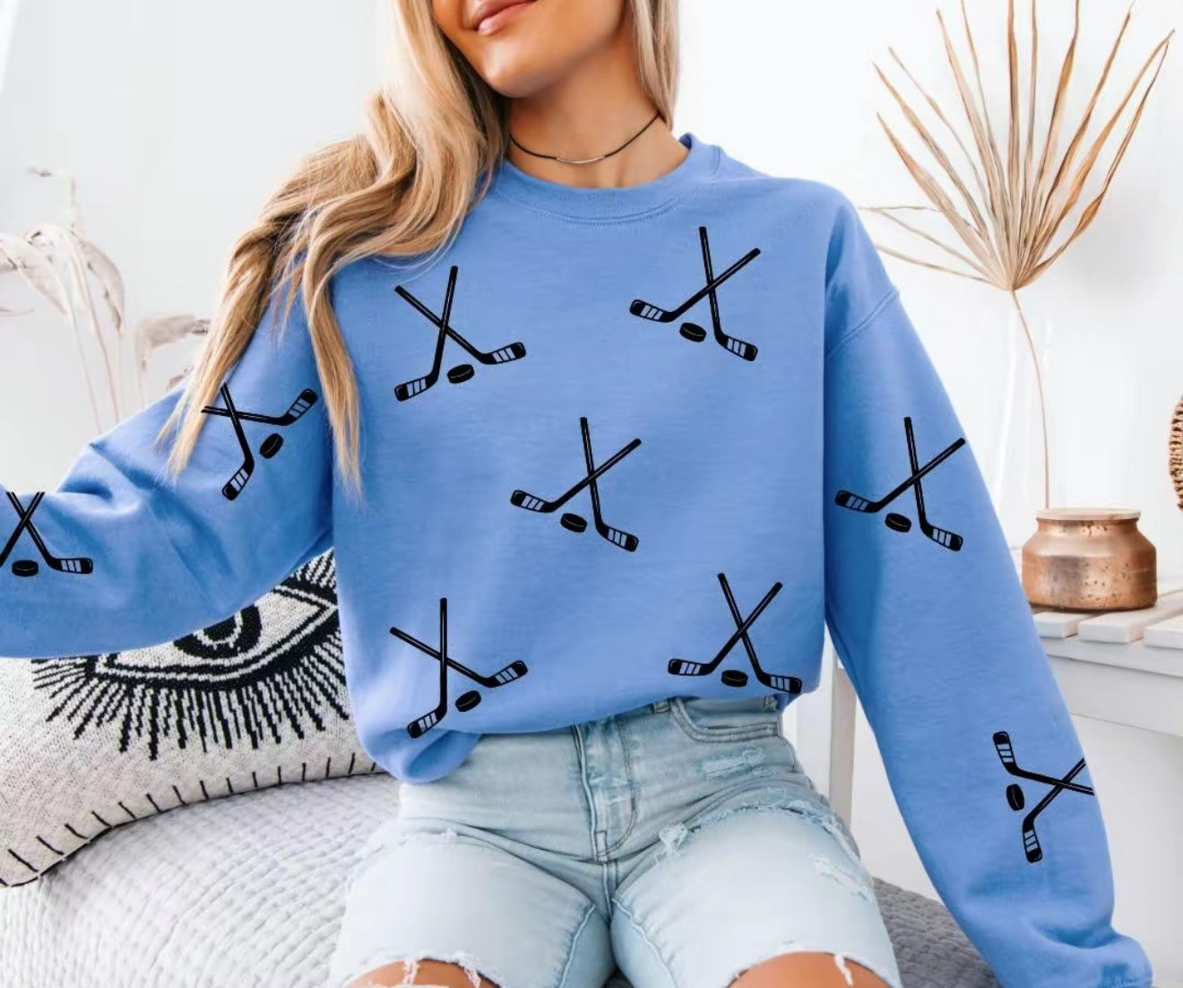 Hockey Sweatshirt – Game Day Pullover, Grey Crewneck with Hockey Stick & Puck Print for Women