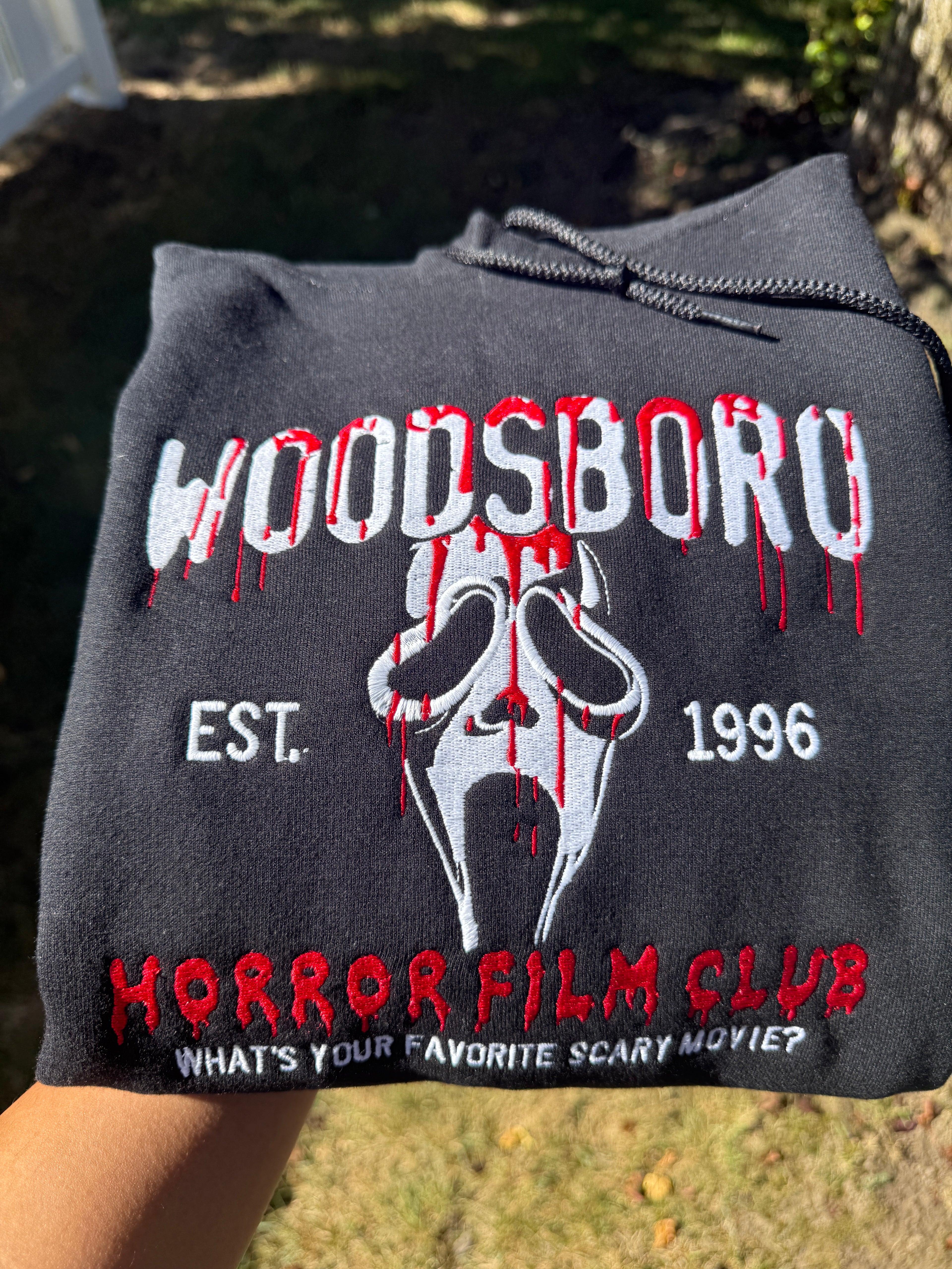 Woodsboro Horror Film Club Embroidered Hoodie | Ghost Face Embroidery | Vintage Horror Hoodie | Unisex Halloween Hoodie | Scary Movie Fan Gift