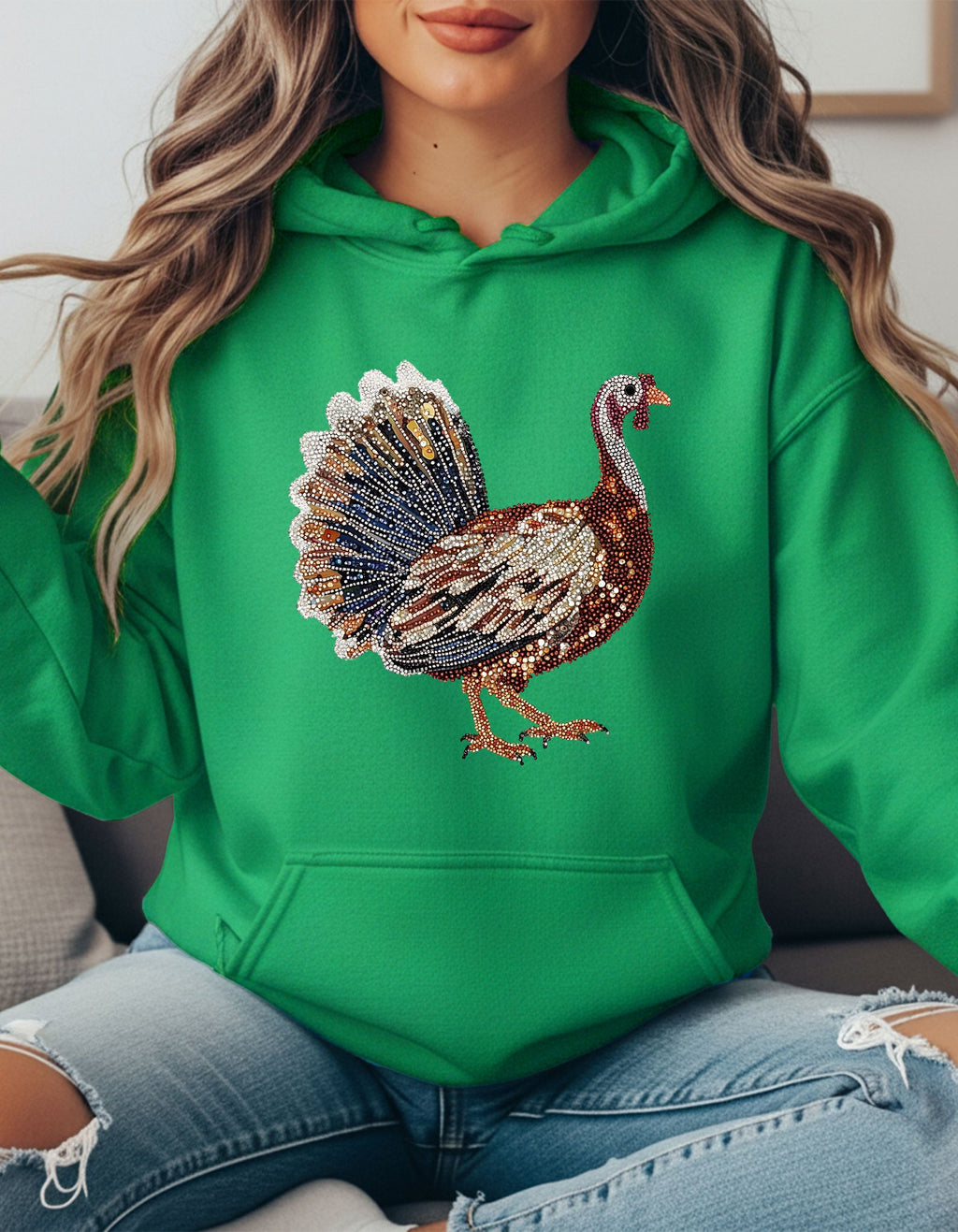 Faux Rhinestone Turkey Hoodie – Glam Thanksgiving Sweatshirt for Women | Cozy Fall Hoodie