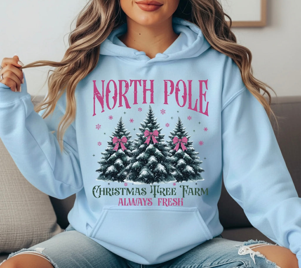North Pole Christmas Tree Farm Hoodie | Cozy Pink Holiday Sweatshirt