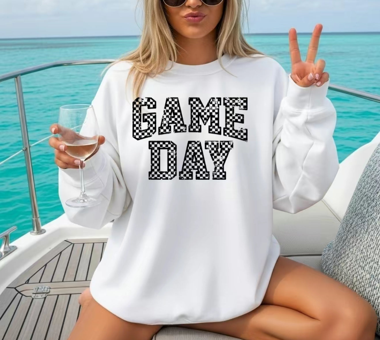 Game Day Sweatshirt – Pink Checkered Letter Pullover, Cozy Sports Crewneck for Women