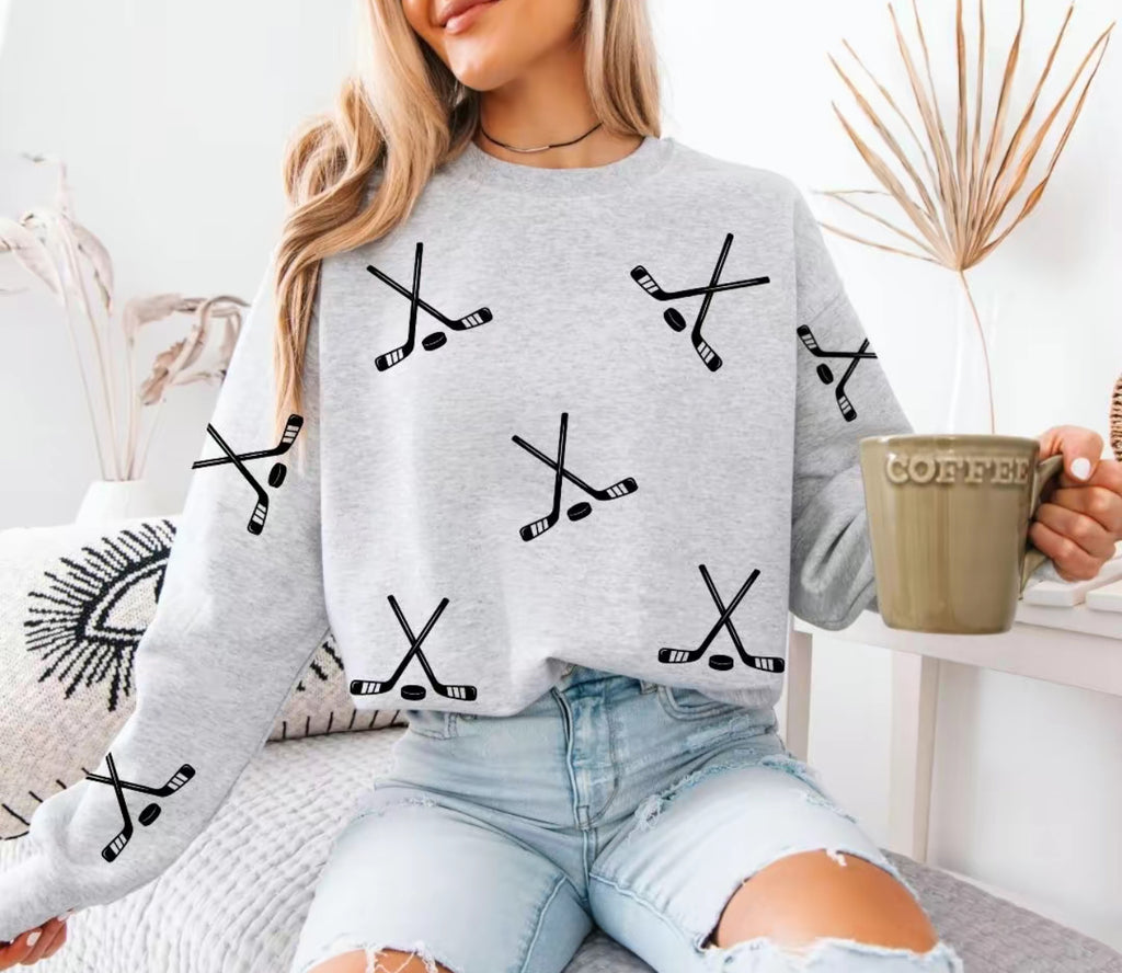 Hockey Sweatshirt – Game Day Pullover, Grey Crewneck with Hockey Stick & Puck Print for Women
