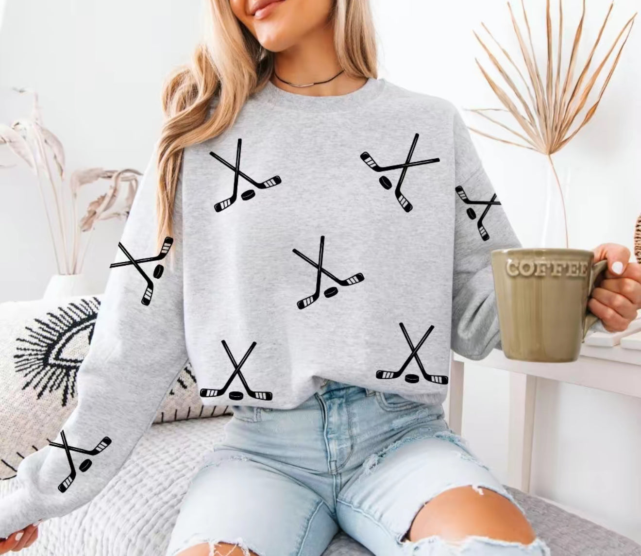 Hockey Sweatshirt – Game Day Pullover, Grey Crewneck with Hockey Stick & Puck Print for Women