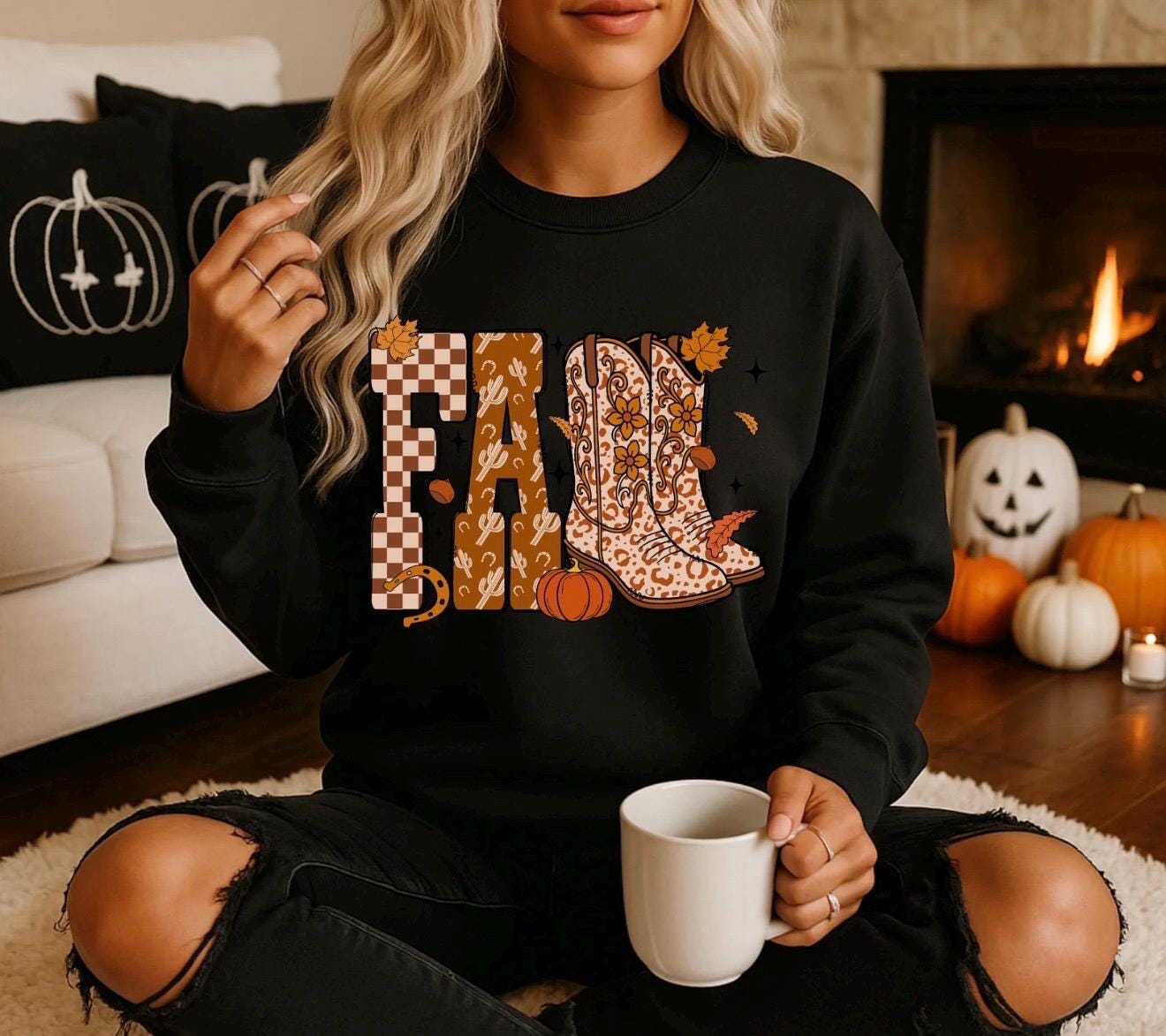 Fall Sweatshirt Women | Cozy Autumn Crewneck | Cowgirl Boots Graphic Sweater | Pumpkin Spice Western Fall Outfit | Thanksgiving Shirt