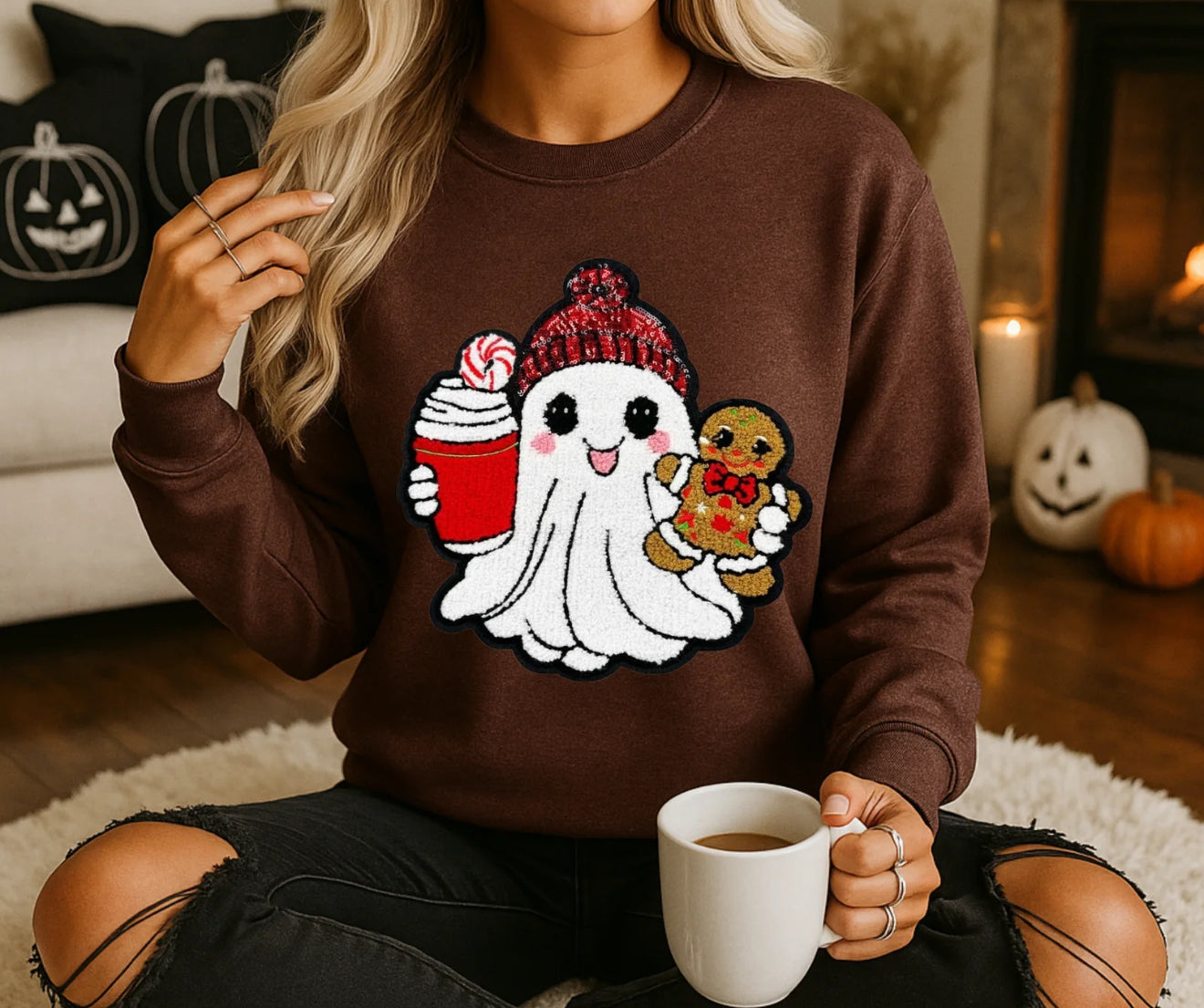 Holiday Ghost Sweatshirt – Cute Christmas Ghost with Gingerbread & Coffee, Festive Pullover Crewneck