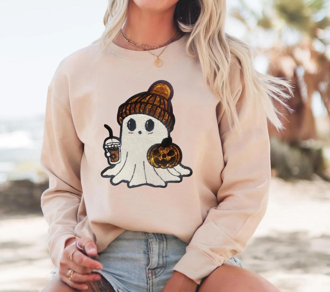 Cute Ghost Chenille Patch Sweatshirt | Fall Halloween Crewneck | Pumpkin Spice Ghost Sweater | Cozy Autumn Outfit | Spooky Season Shirt