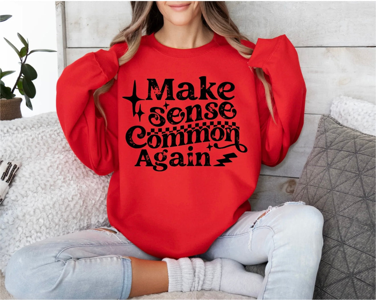Make Sense Common Again Sweatshirt | Trendy Retro Graphic Crewneck | Statement Pullover