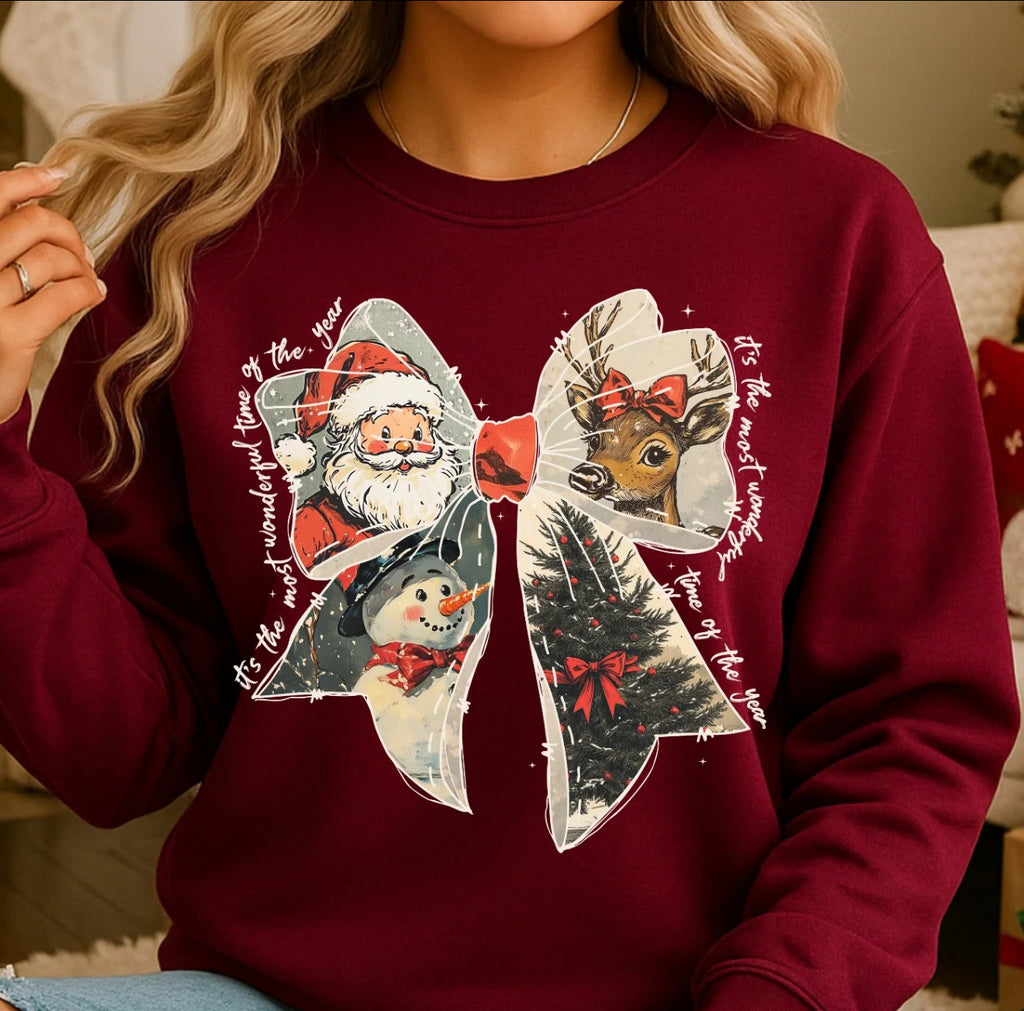 Vintage Christmas Bow Crewneck Sweatshirt | Santa & Reindeer Holiday Pullover | Cozy Festive Sweater
