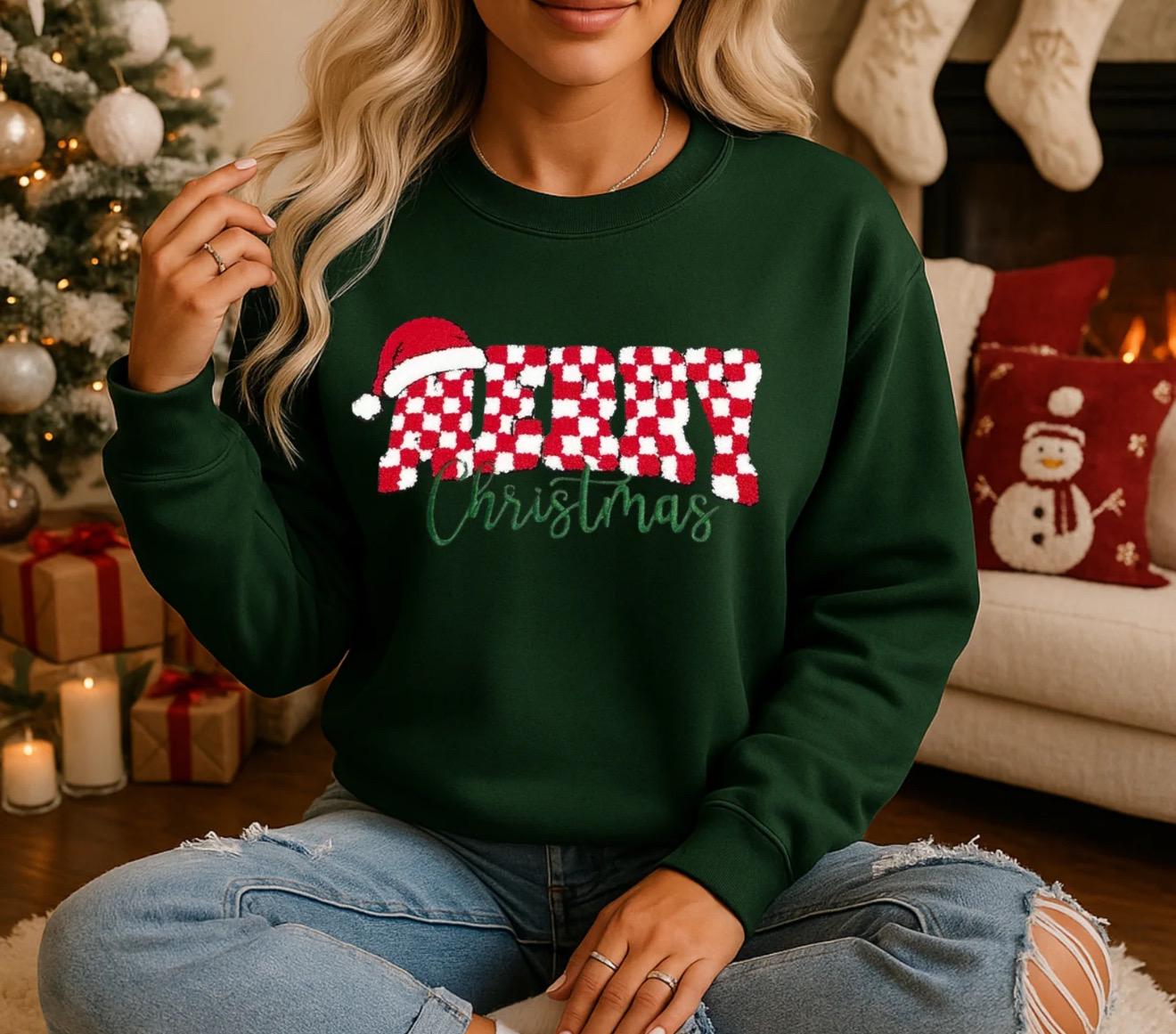 Merry Christmas Chenille Patch Sweatshirt | Red Holiday Crewneck | Buffalo Plaid Santa Hat Sweater | Cozy Winter Outfit | Gift for Her