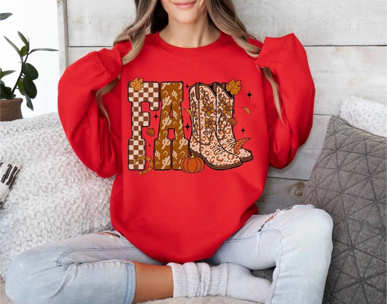 Fall Sweatshirt Women | Cozy Autumn Crewneck | Cowgirl Boots Graphic Sweater | Pumpkin Spice Western Fall Outfit | Thanksgiving Shirt