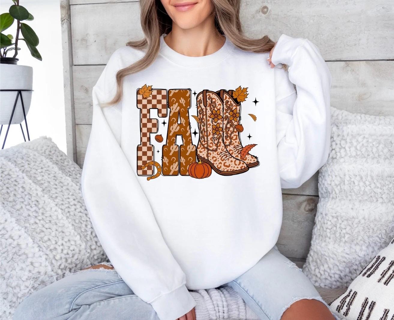 Fall Sweatshirt Women | Cozy Autumn Crewneck | Cowgirl Boots Graphic Sweater | Pumpkin Spice Western Fall Outfit | Thanksgiving Shirt