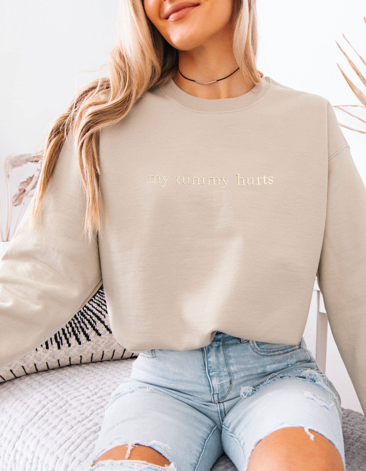 Minimalist “My Tummy Hurts” Embroidered Crewneck Sweatshirt