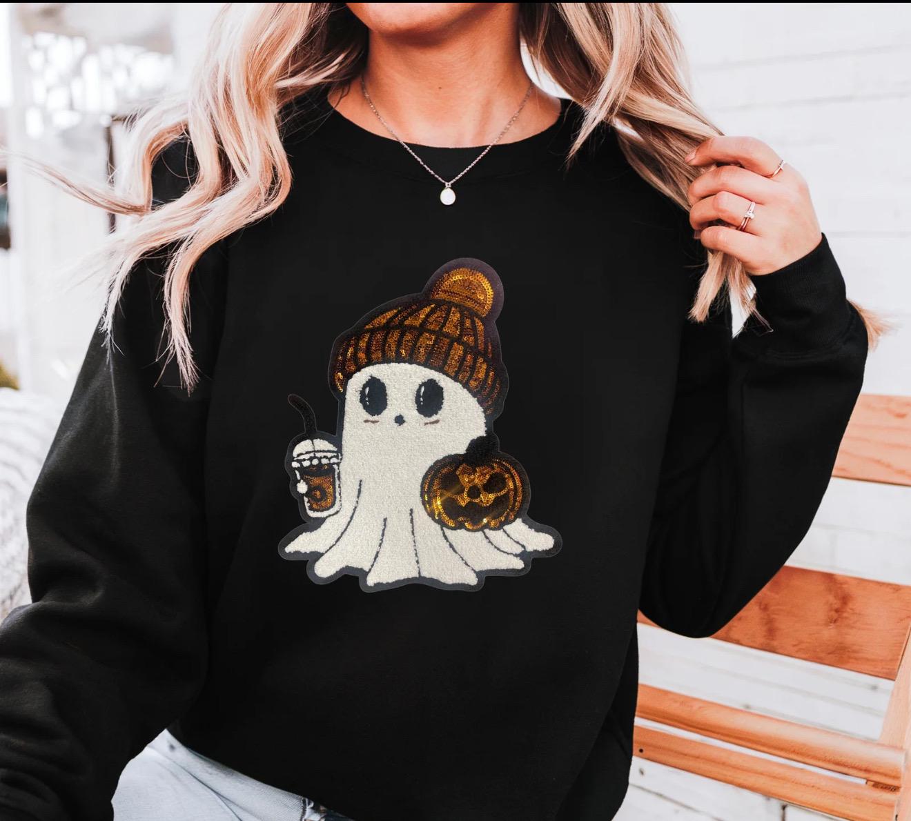 Cute Ghost Chenille Patch Sweatshirt | Fall Halloween Crewneck | Pumpkin Spice Ghost Sweater | Cozy Autumn Outfit | Spooky Season Shirt