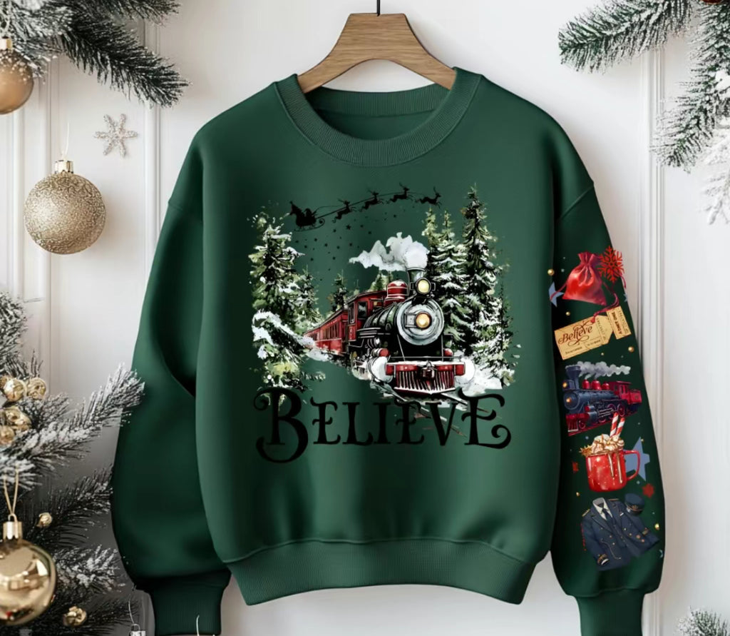 Believe Christmas Train Sweatshirt | Holiday Magic Crewneck | Cozy Winter Pullover