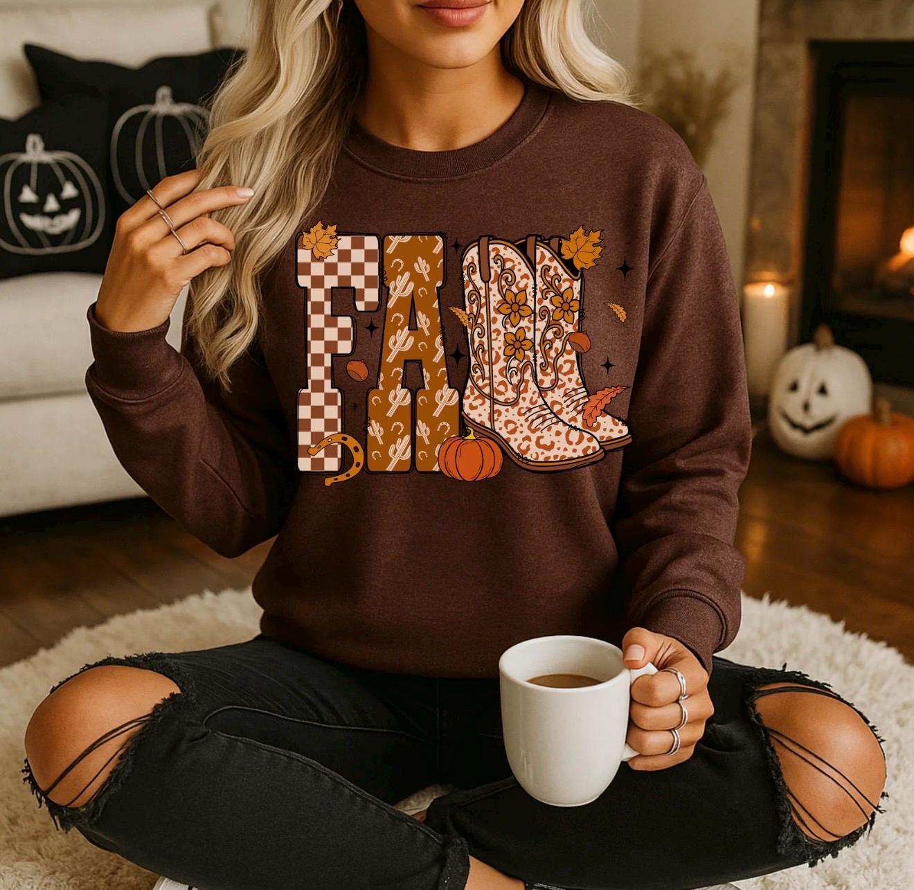 Fall Sweatshirt Women | Cozy Autumn Crewneck | Cowgirl Boots Graphic Sweater | Pumpkin Spice Western Fall Outfit | Thanksgiving Shirt