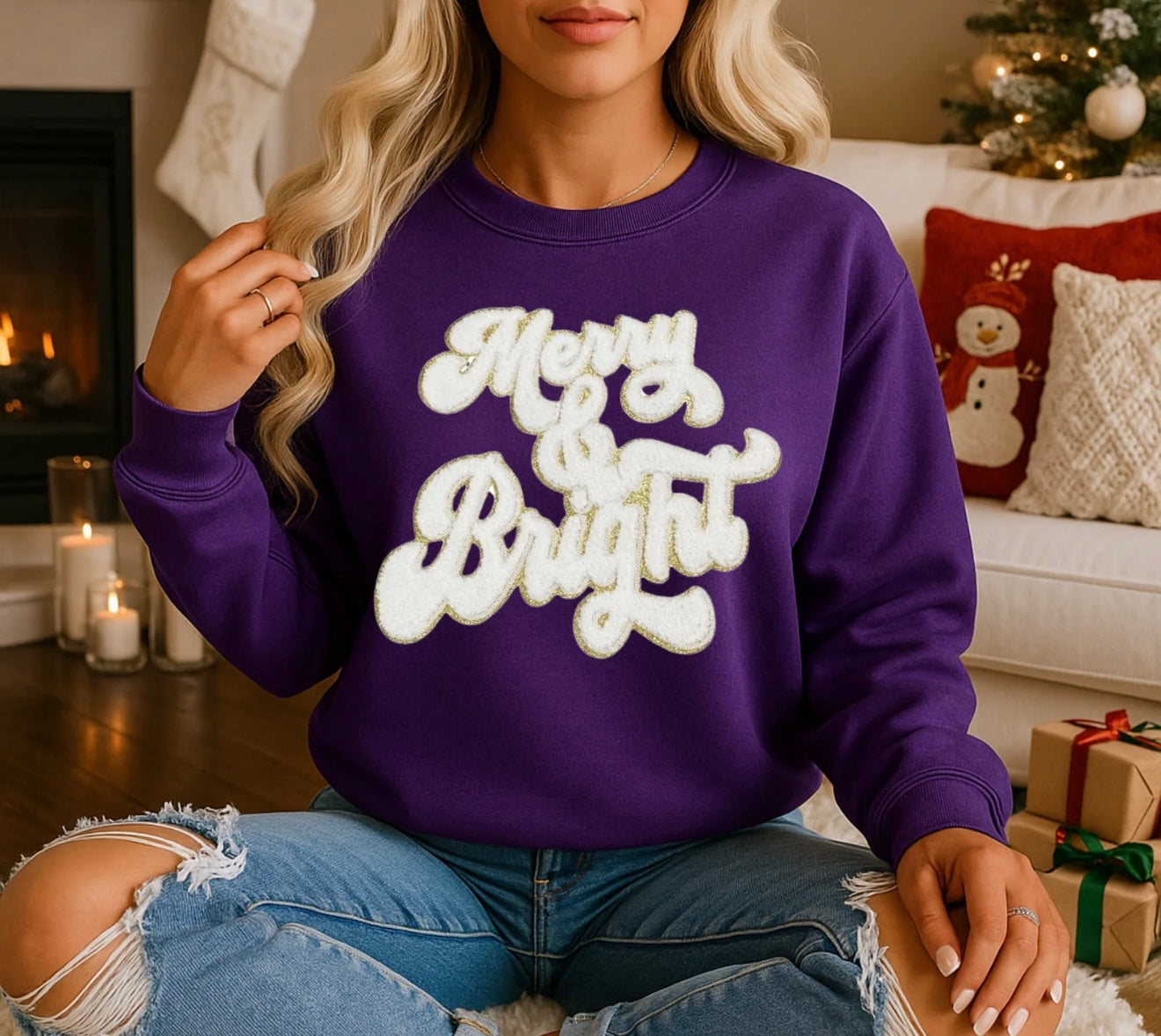 Merry & Bright Christmas Sweatshirt – Cozy Blue Holiday Pullover, Winter Crewneck for Women