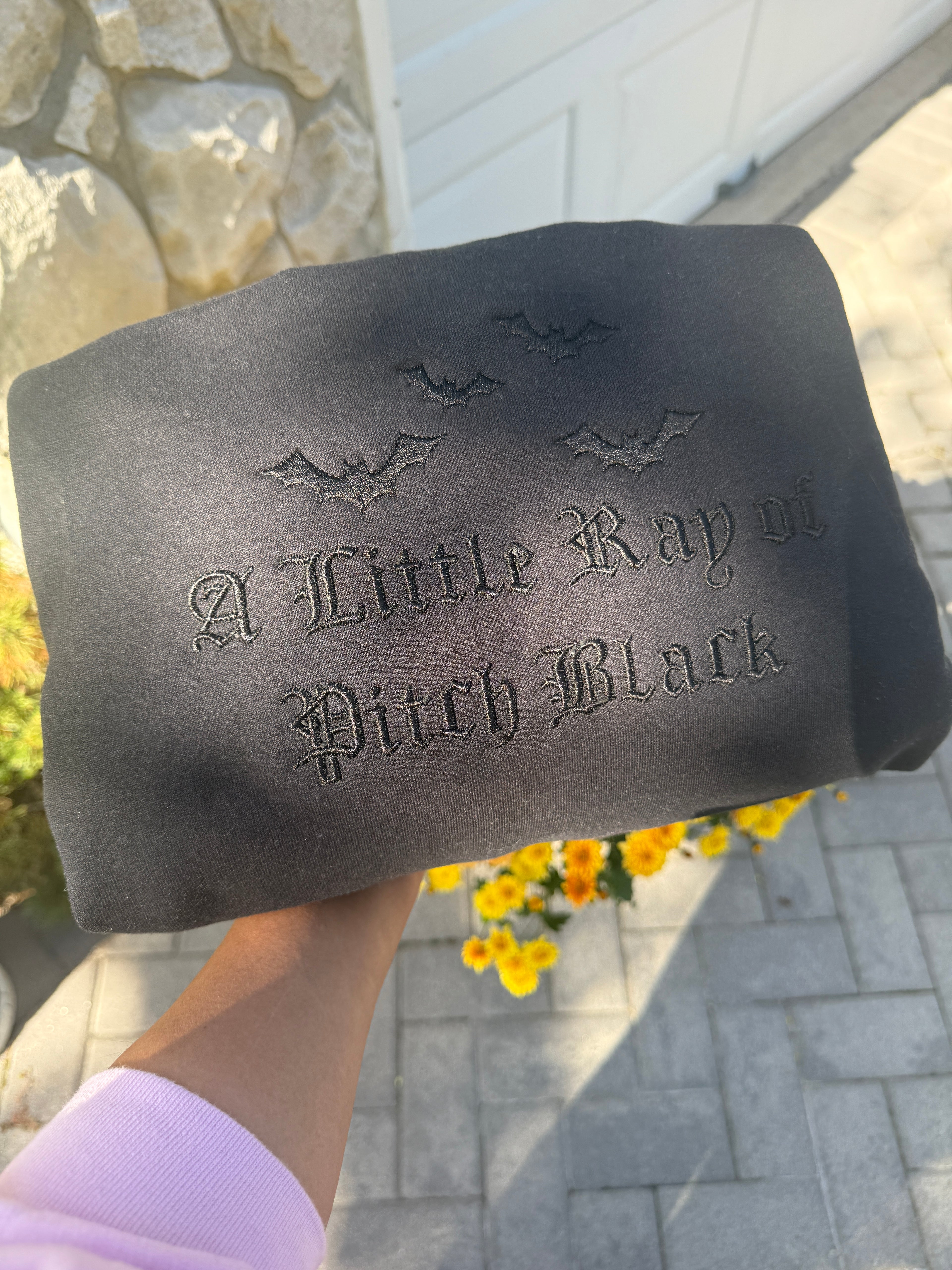 A Little Ray of Pitch Black Embroidered Gothic Hoodie | Black-on-Black Halloween Aesthetic Sweatshirt