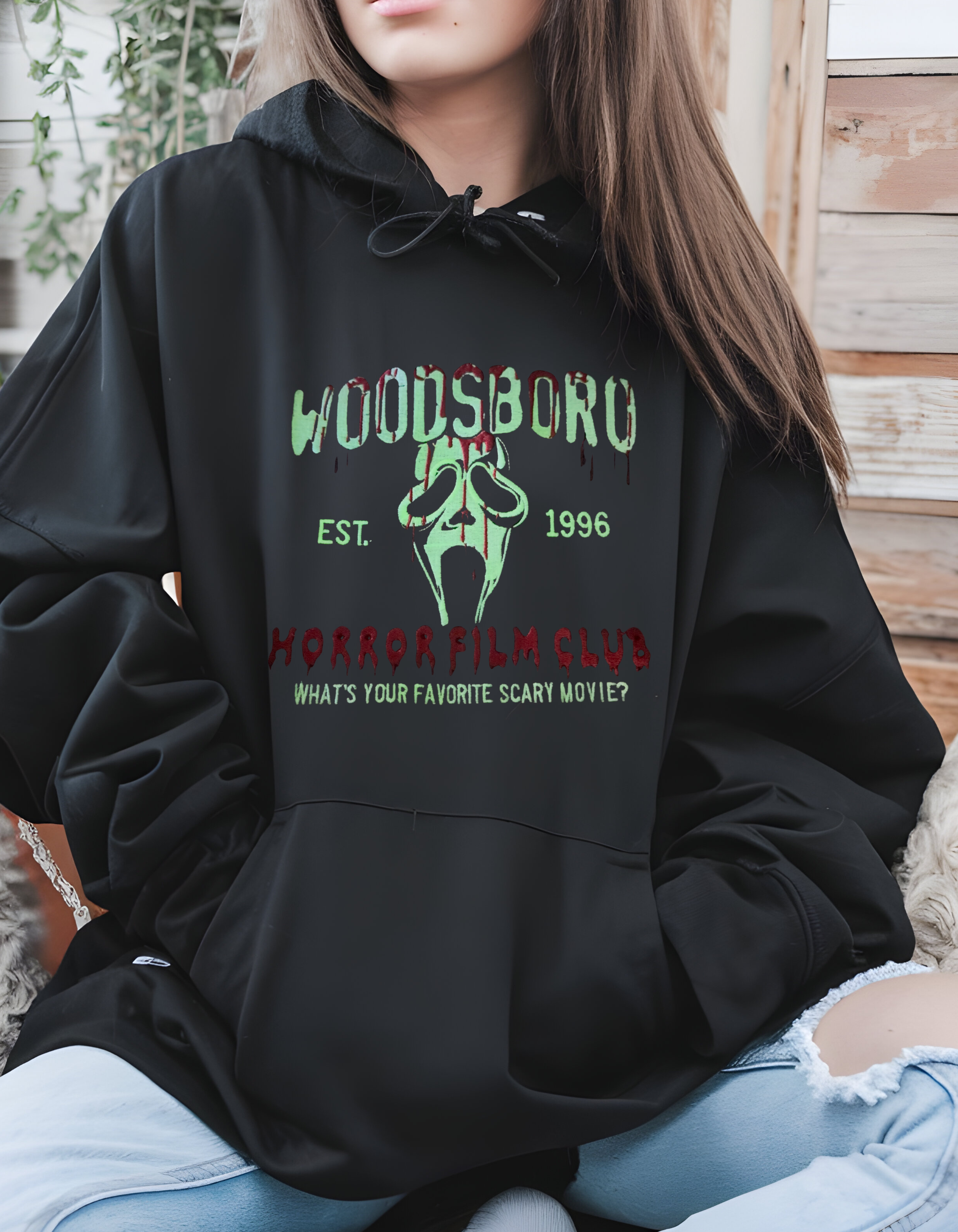 Woodsboro Horror Film Club Embroidered Hoodie | Ghost Face Embroidery | Vintage Horror Hoodie | Unisex Halloween Hoodie | Scary Movie Fan Gift