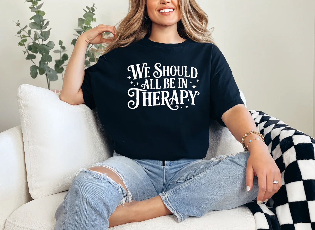 We Should All Be in Therapy T-Shirt | Mental Health Awareness Graphic Tee for Women | Comfort Colors & Oversized Fit