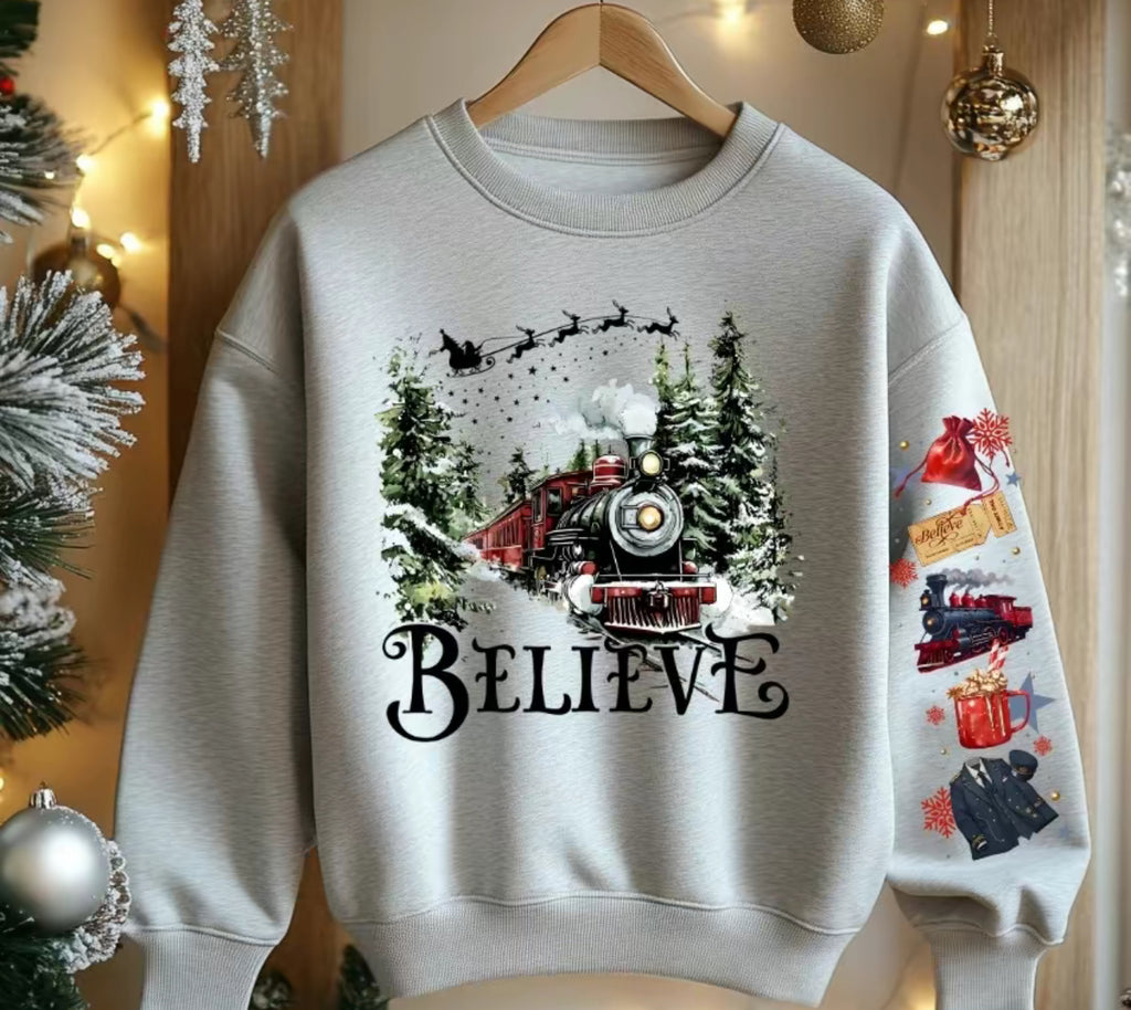 Believe Christmas Train Sweatshirt | Holiday Magic Crewneck | Cozy Winter Pullover