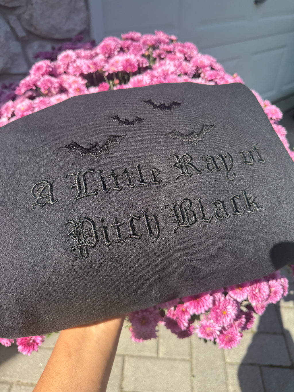 A Little Ray of Pitch Black Embroidered Gothic Hoodie | Black-on-Black Halloween Aesthetic Sweatshirt