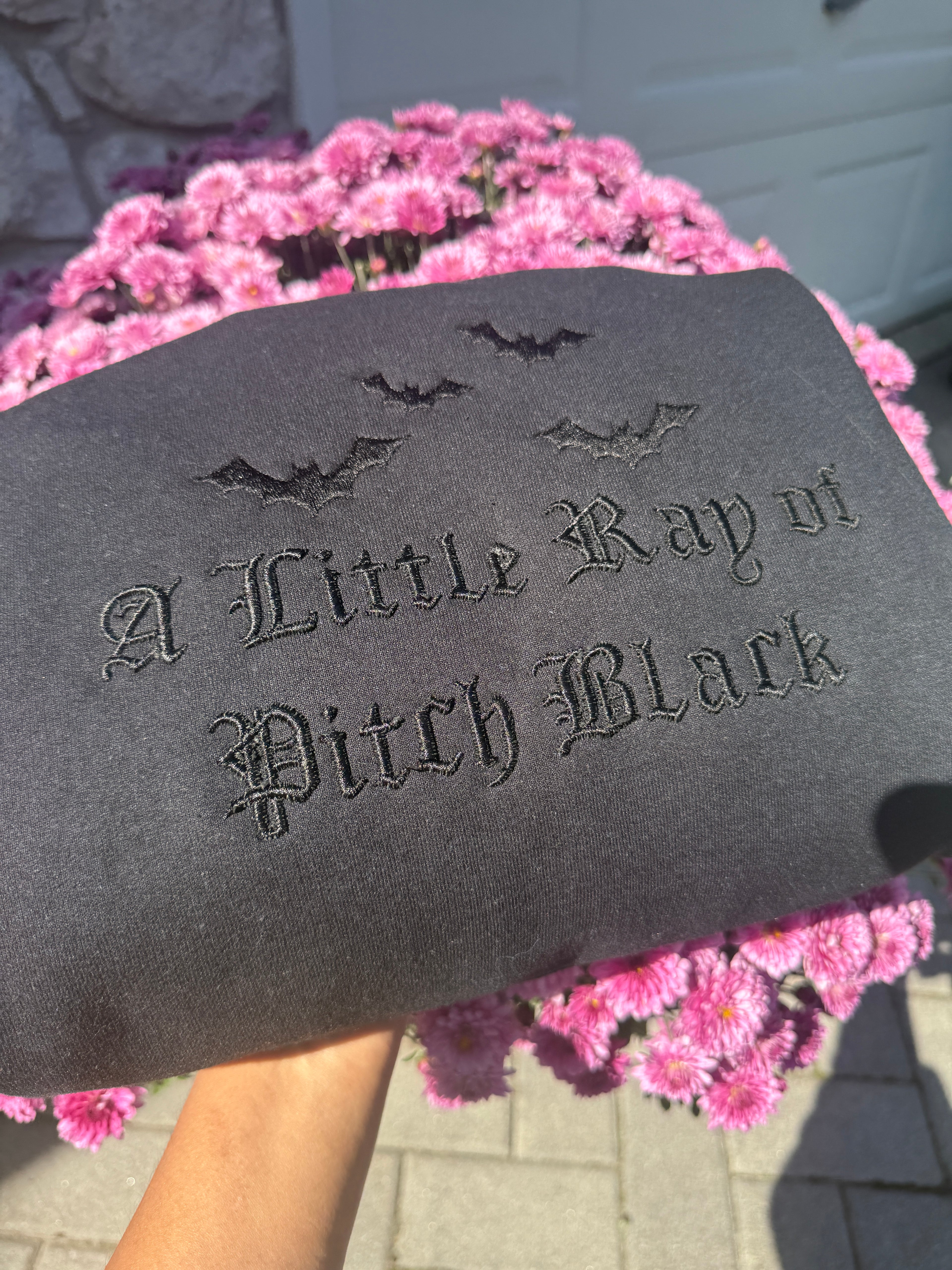 A Little Ray of Pitch Black Embroidered Gothic Hoodie | Black-on-Black Halloween Aesthetic Sweatshirt