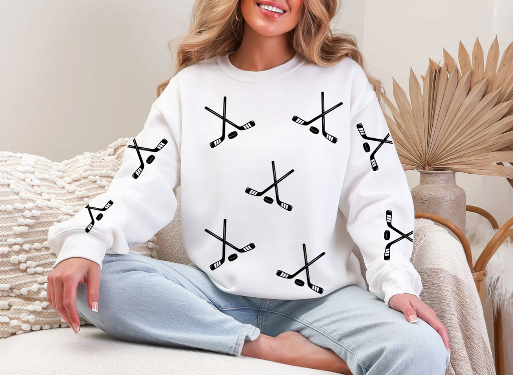 Hockey Sweatshirt – Game Day Pullover, Grey Crewneck with Hockey Stick & Puck Print for Women