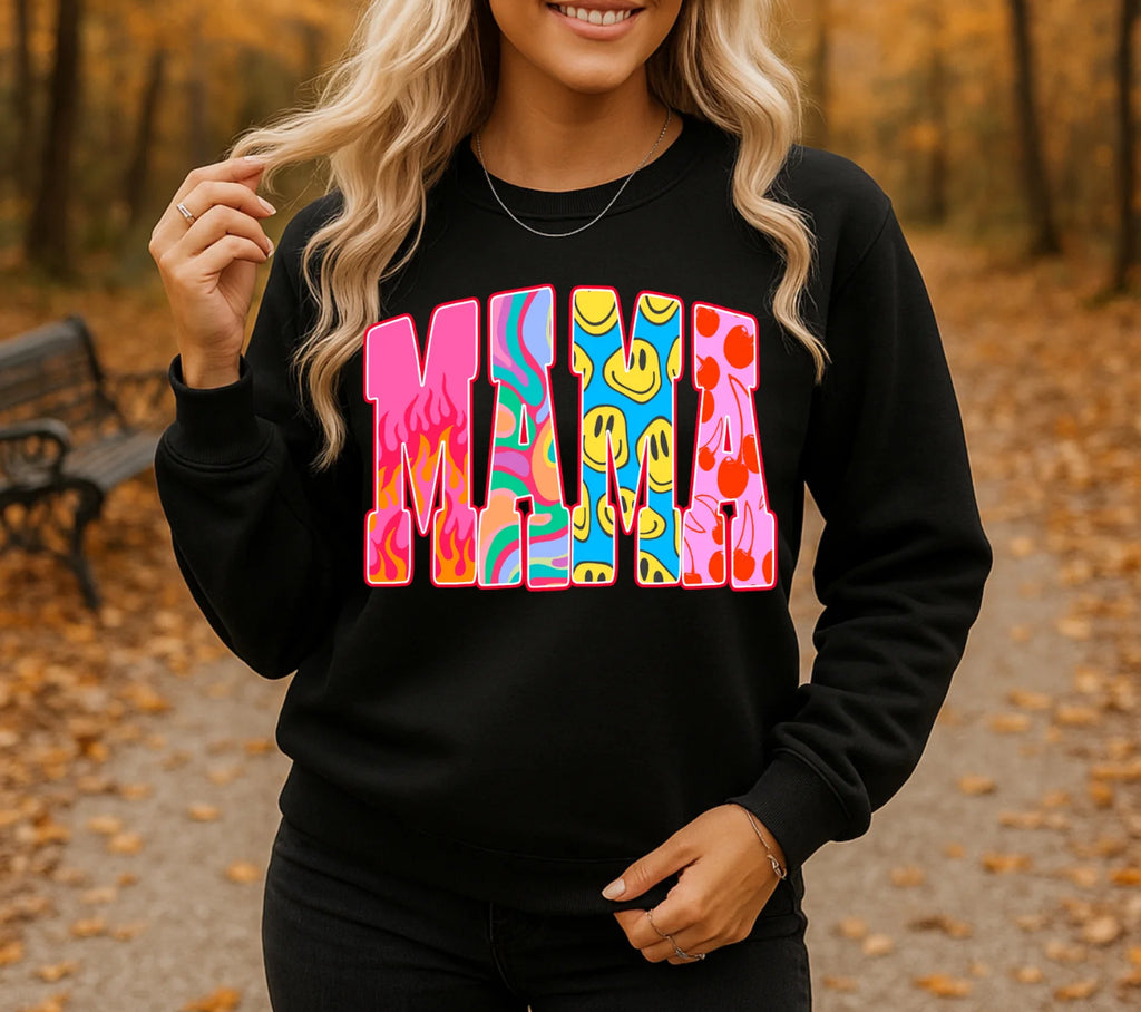 Retro Mama Sweatshirt – Colorful Graphic Pullover, Cozy Mom Life Crewneck
