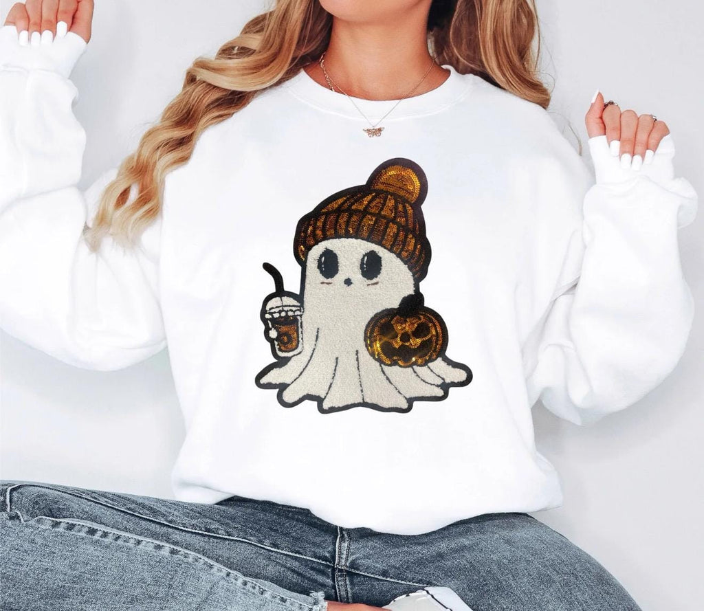 Cute Ghost Chenille Patch Sweatshirt | Fall Halloween Crewneck | Pumpkin Spice Ghost Sweater | Cozy Autumn Outfit | Spooky Season Shirt