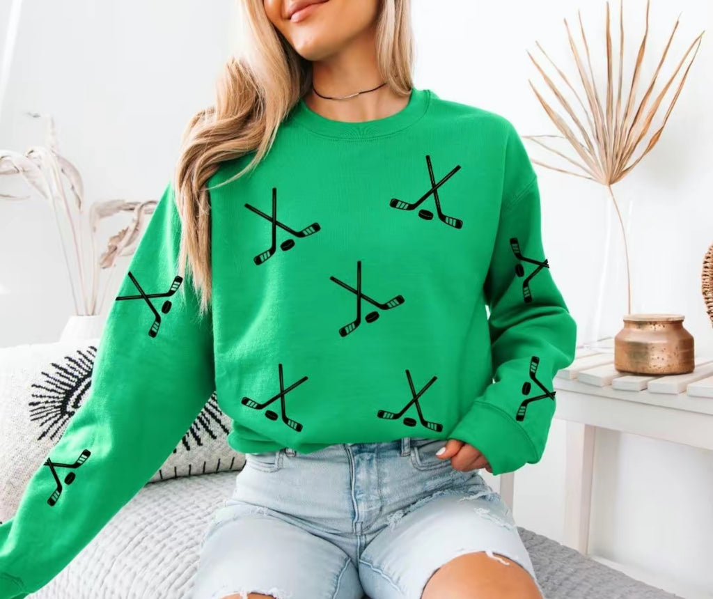 Hockey Sweatshirt – Game Day Pullover, Grey Crewneck with Hockey Stick & Puck Print for Women