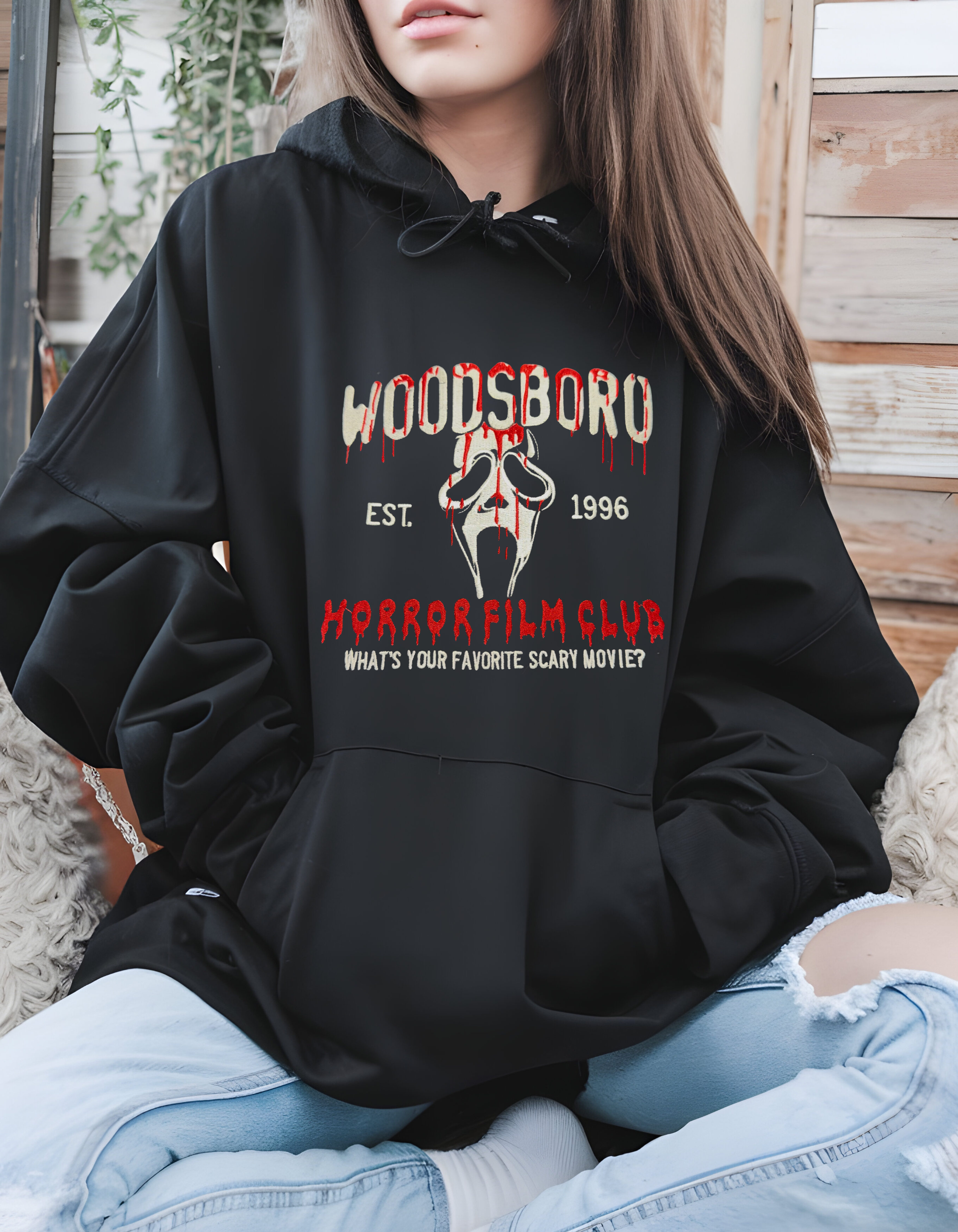 Woodsboro Horror Film Club Embroidered Hoodie | Ghost Face Embroidery | Vintage Horror Hoodie | Unisex Halloween Hoodie | Scary Movie Fan Gift
