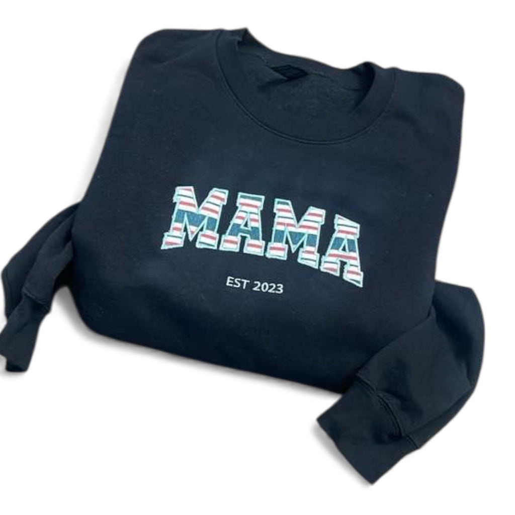 Embroidered Mama Sweatshirt – Striped Letter Pullover, Cozy Mom Life Crewneck