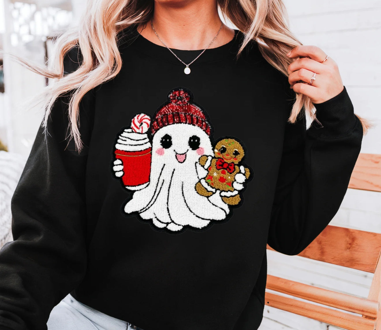 Holiday Ghost Sweatshirt – Cute Christmas Ghost with Gingerbread & Coffee, Festive Pullover Crewneck