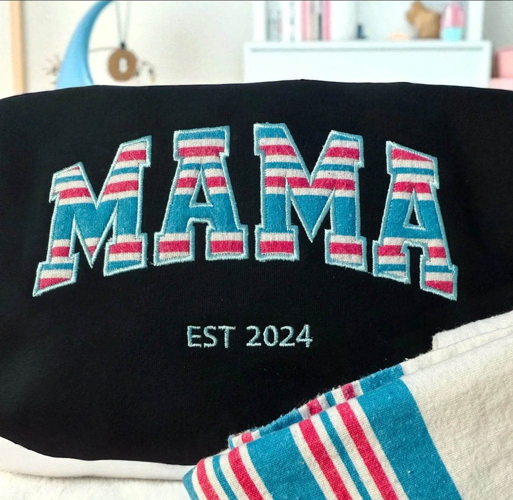 Embroidered Mama Sweatshirt – Striped Letter Pullover, Cozy Mom Life Crewneck