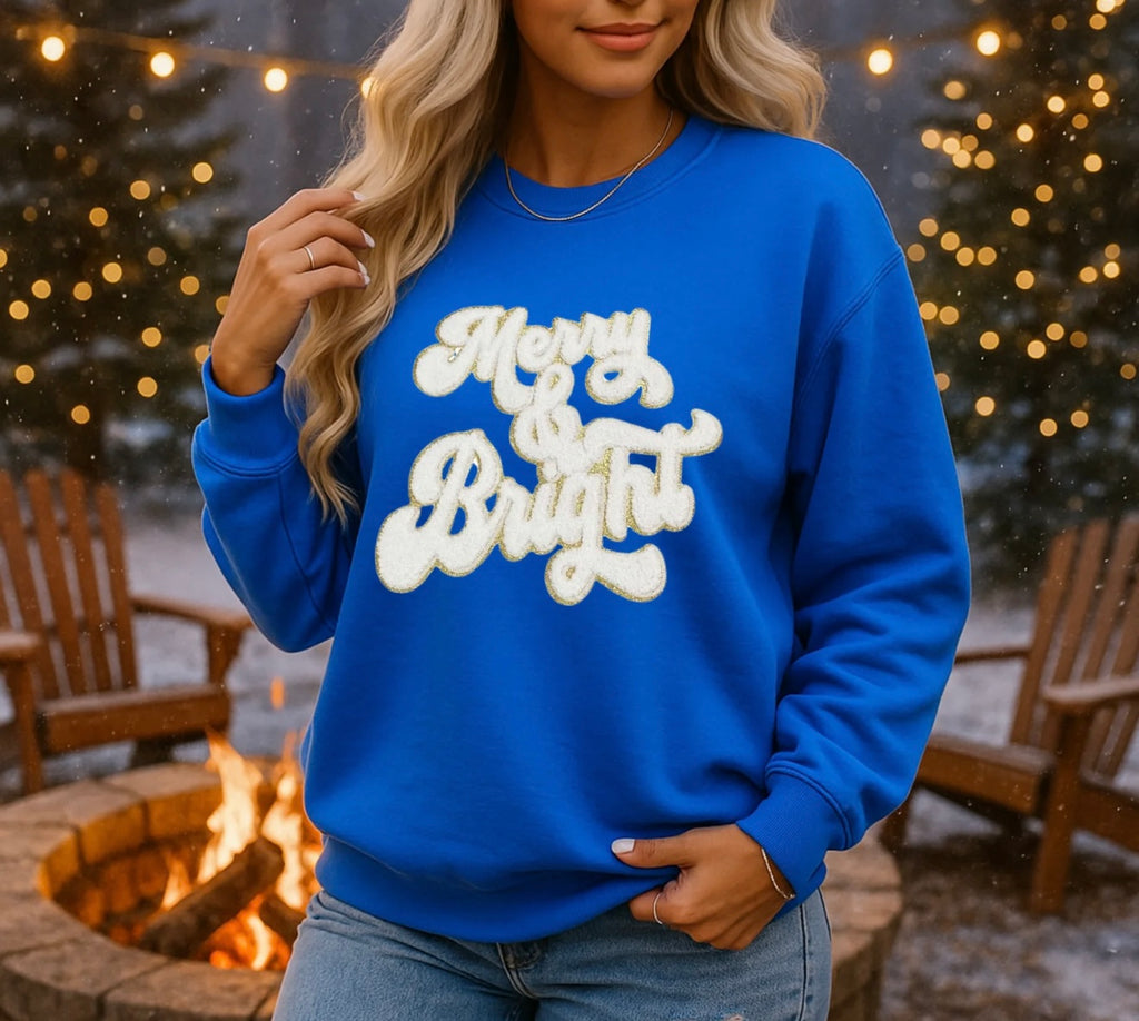 Merry & Bright Christmas Sweatshirt – Cozy Blue Holiday Pullover, Winter Crewneck for Women