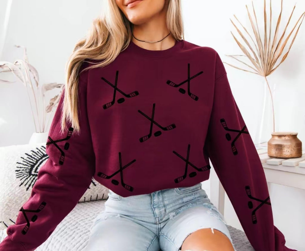 Hockey Sweatshirt – Game Day Pullover, Grey Crewneck with Hockey Stick & Puck Print for Women