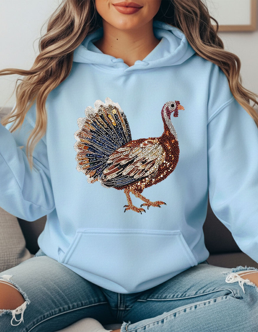 Faux Rhinestone Turkey Hoodie – Glam Thanksgiving Sweatshirt for Women | Cozy Fall Hoodie