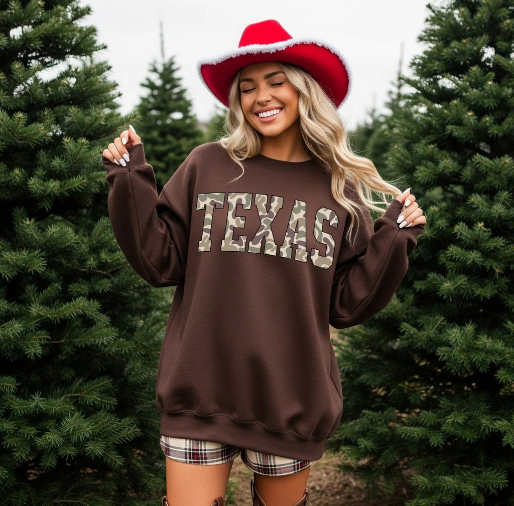 Camo Letter Crewneck Sweatshirt | Western Graphic Pullover | Cozy Southern Style