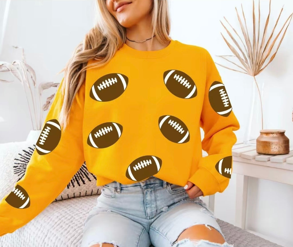 Football Sweatshirt – Game Day Pullover, Yellow Crewneck with Football Print for Women