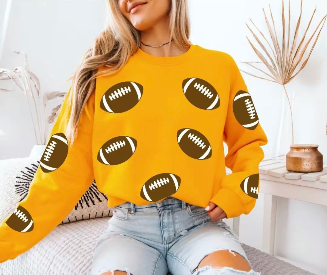 Football Sweatshirt – Game Day Pullover, Yellow Crewneck with Football Print for Women