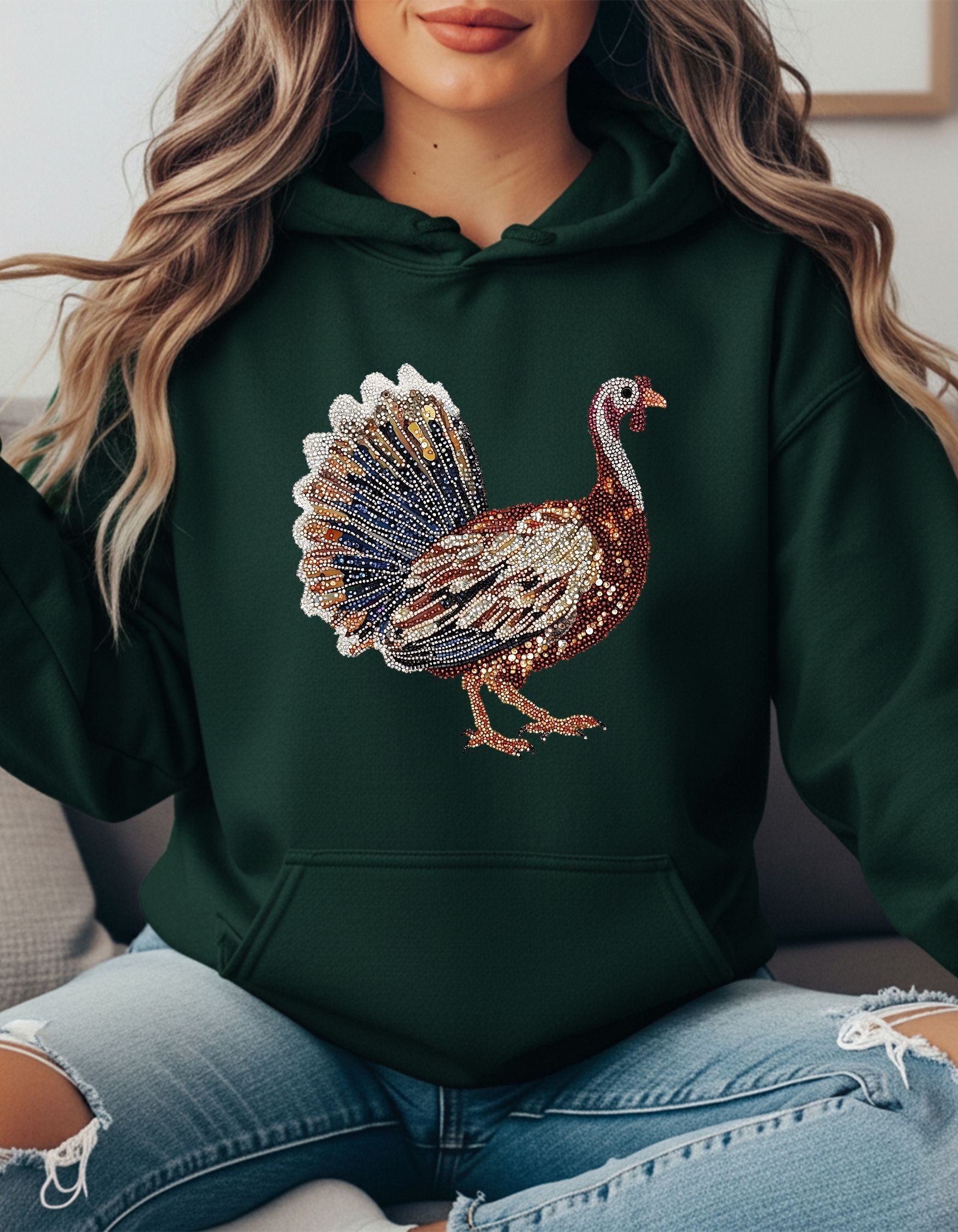Faux Rhinestone Turkey Hoodie – Glam Thanksgiving Sweatshirt for Women | Cozy Fall Hoodie