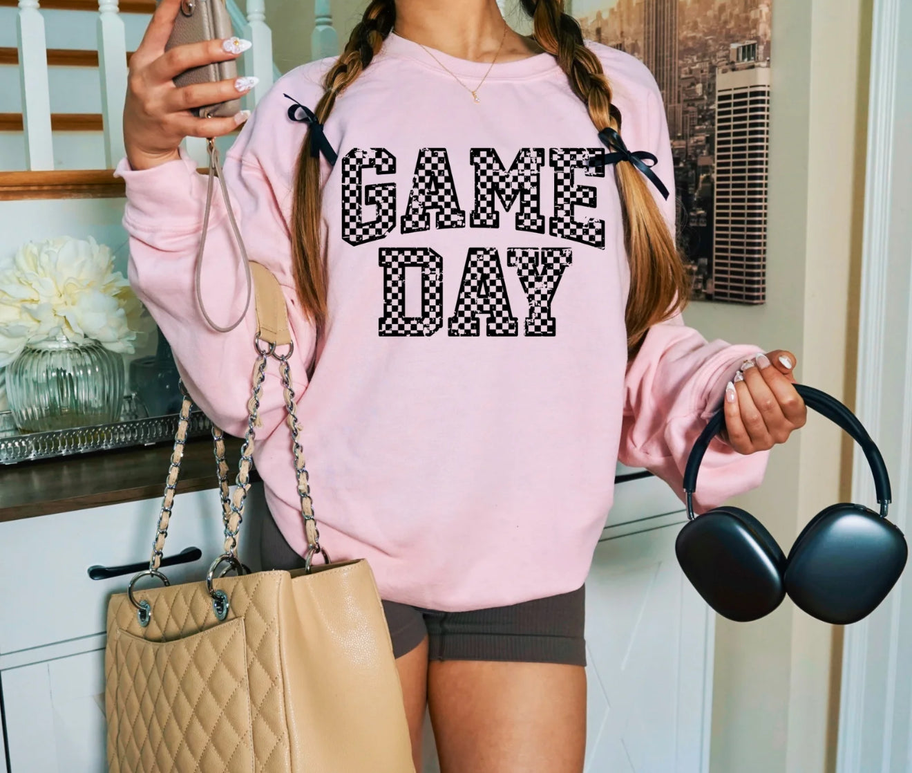 Game Day Sweatshirt – Pink Checkered Letter Pullover, Cozy Sports Crewneck for Women
