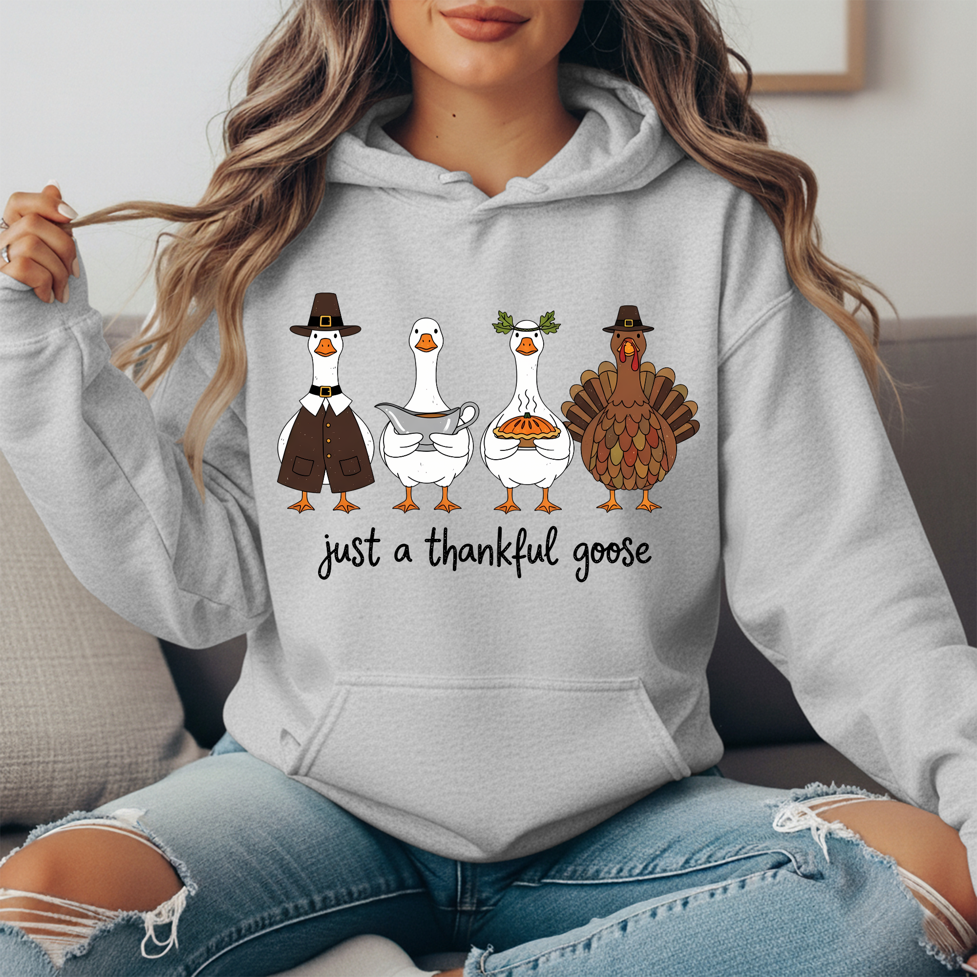 Just a Thankful Goose Hoodie | Cute Thanksgiving Sweatshirt | Fall Goose & Turkey Graphic Pullover