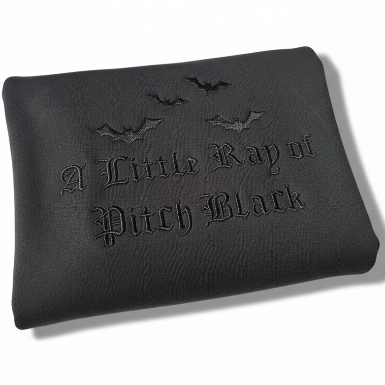 A Little Ray of Pitch Black Embroidered Gothic Hoodie | Black-on-Black Halloween Aesthetic Sweatshirt