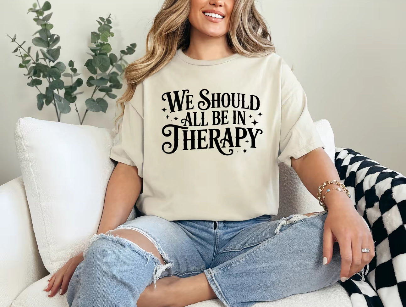 We Should All Be in Therapy T-Shirt | Mental Health Awareness Graphic Tee for Women | Comfort Colors & Oversized Fit