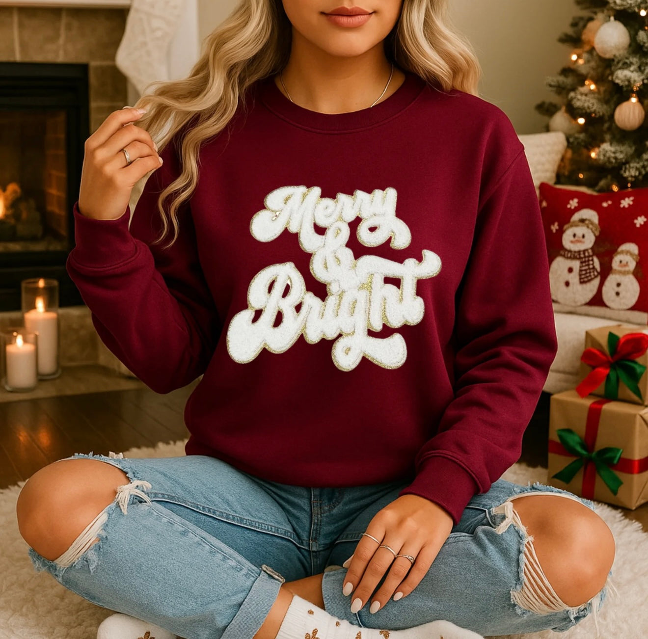 Merry & Bright Christmas Sweatshirt – Cozy Blue Holiday Pullover, Winter Crewneck for Women