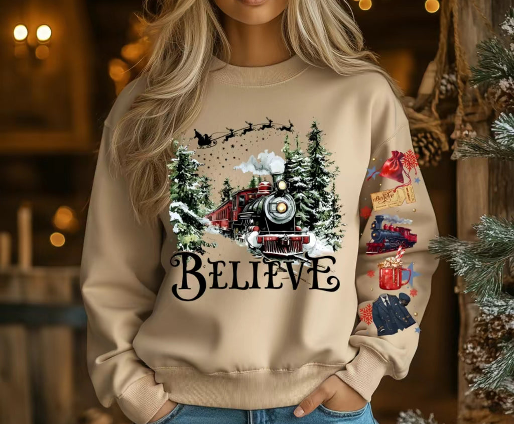 Believe Christmas Train Sweatshirt | Holiday Magic Crewneck | Cozy Winter Pullover