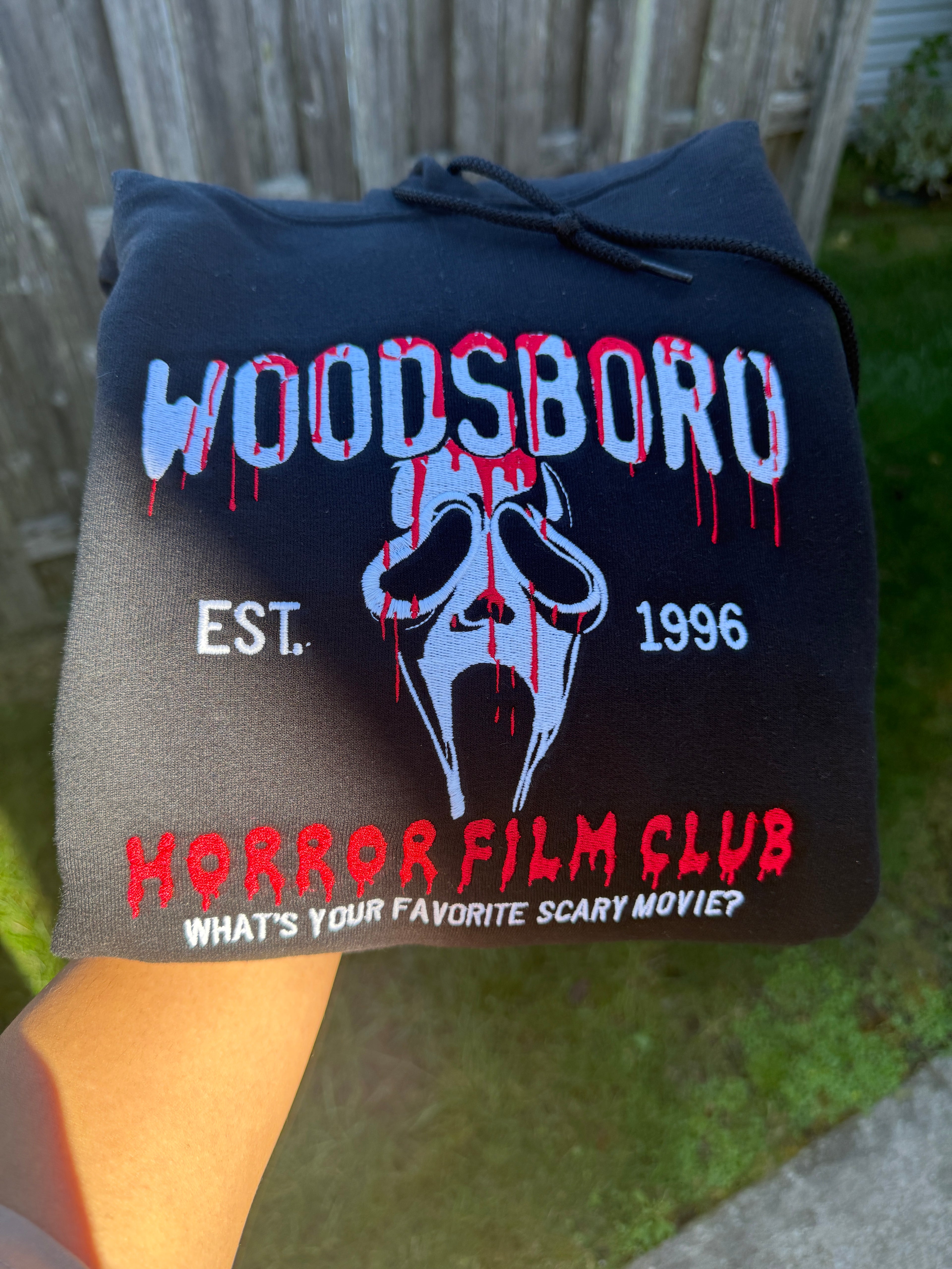 Woodsboro Horror Film Club Embroidered Hoodie | Ghost Face Embroidery | Vintage Horror Hoodie | Unisex Halloween Hoodie | Scary Movie Fan Gift