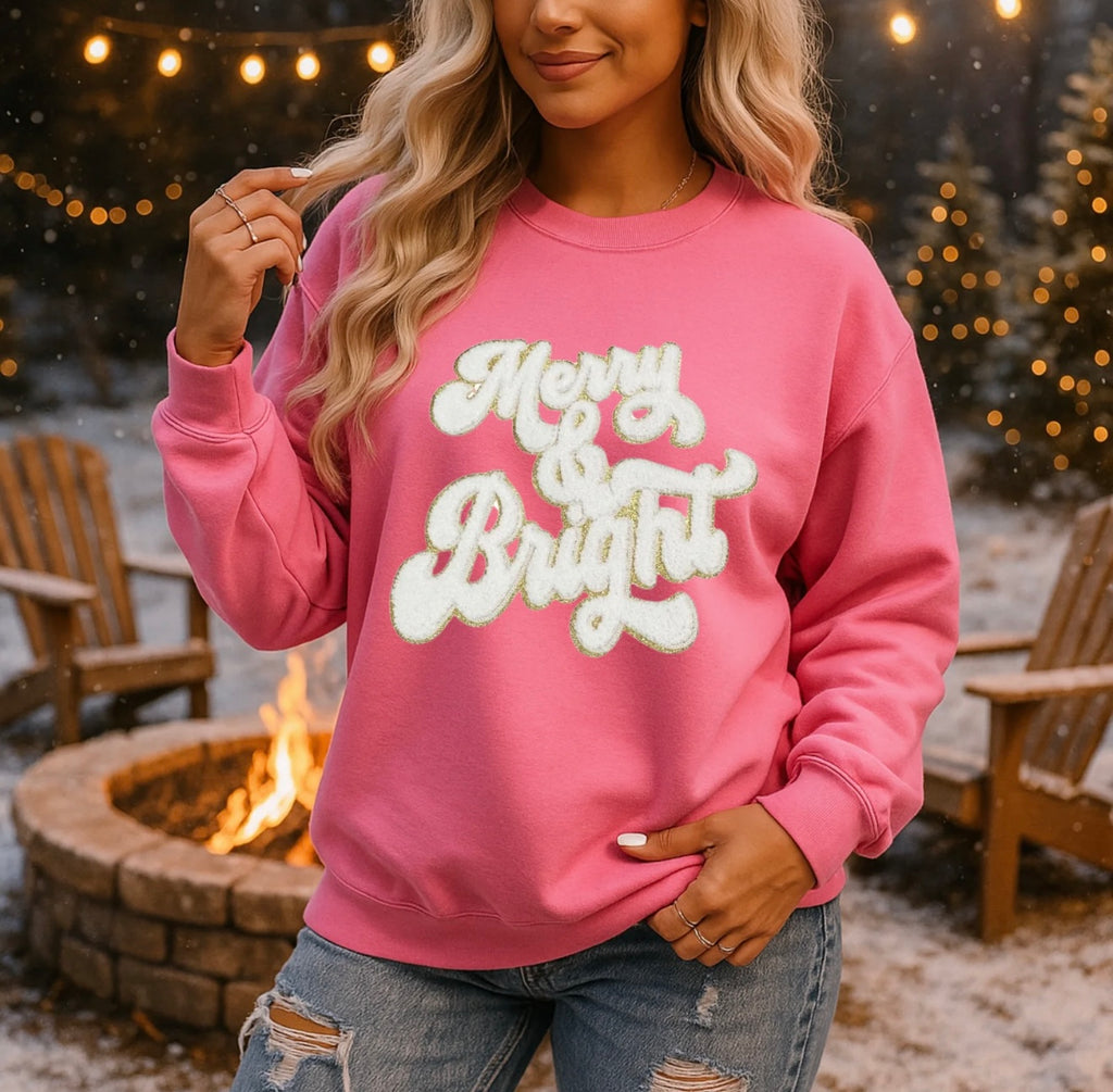 Merry & Bright Christmas Sweatshirt – Cozy Blue Holiday Pullover, Winter Crewneck for Women